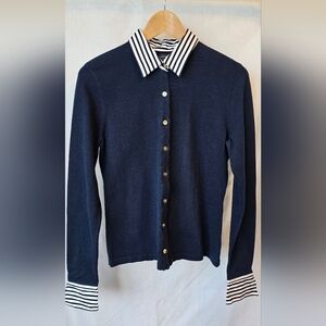 Jones New York Navy Cardigan with Striped Accents
